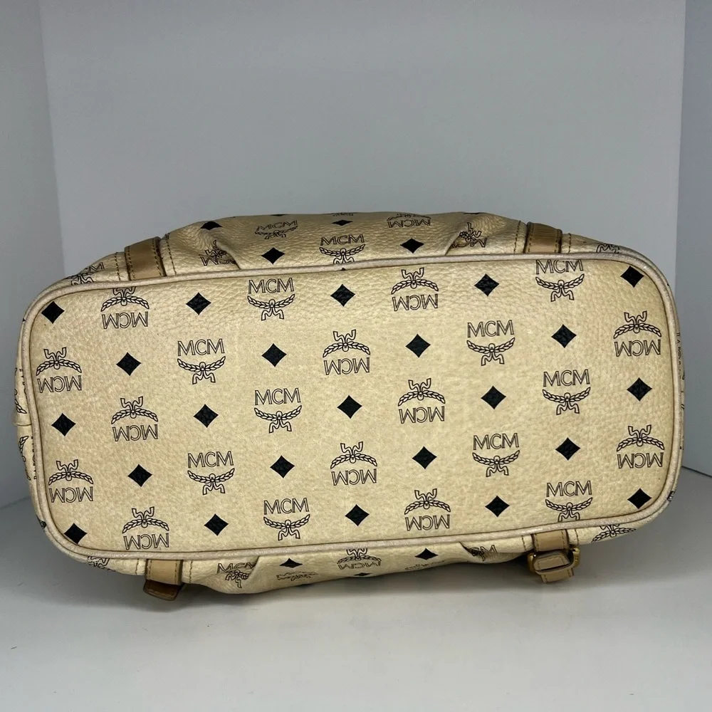 MCM Visetos Ivory Medium Shoulder‎ Bag Logo Print Leather Trim Zip Top Designer